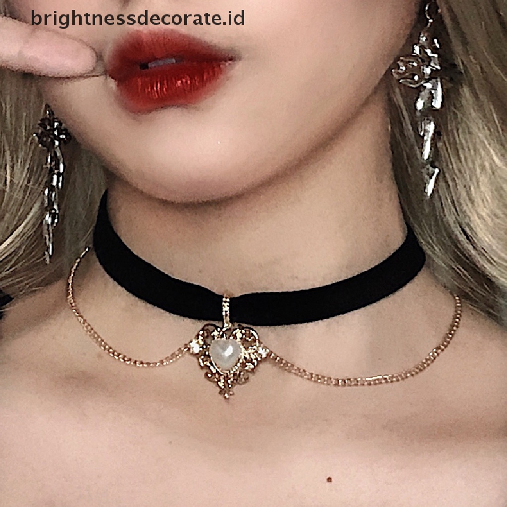 [Birth] Vintage Beludru Hitam Choker Cinta Hati Liontin Kalung Untuk Wanita Gadis Hadiah [ID]