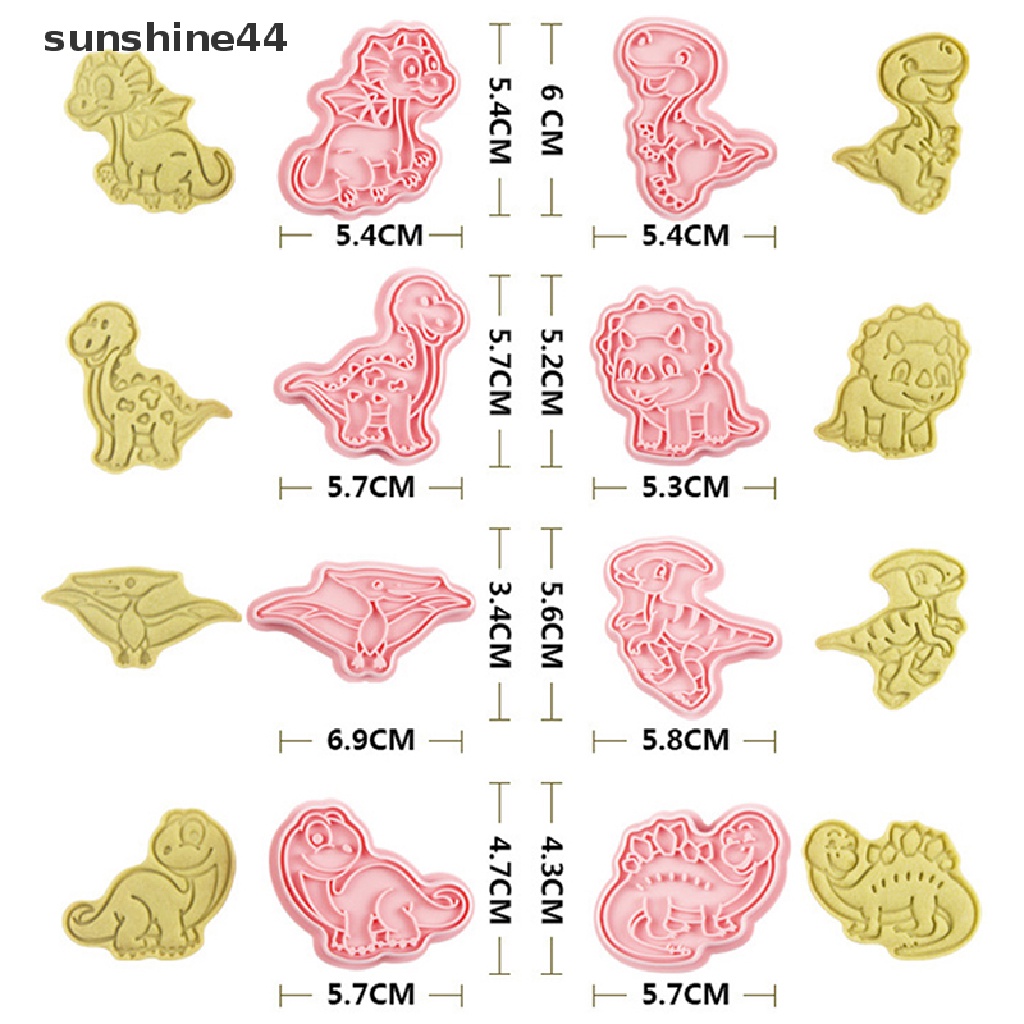 Sunshine 8Pcs/Set Kartun Dinosaurus Cookie Cutters Cetakan Biskuit 3D Plastik Pressable.