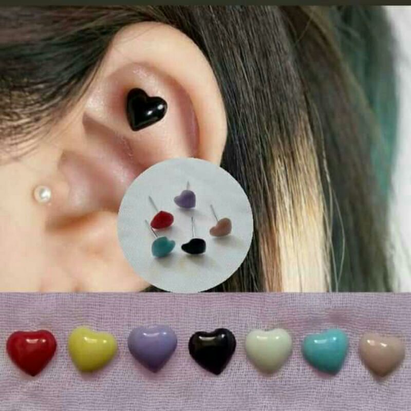 (2pcs) anting tindik love hati hitam warna warni / giwang love hati