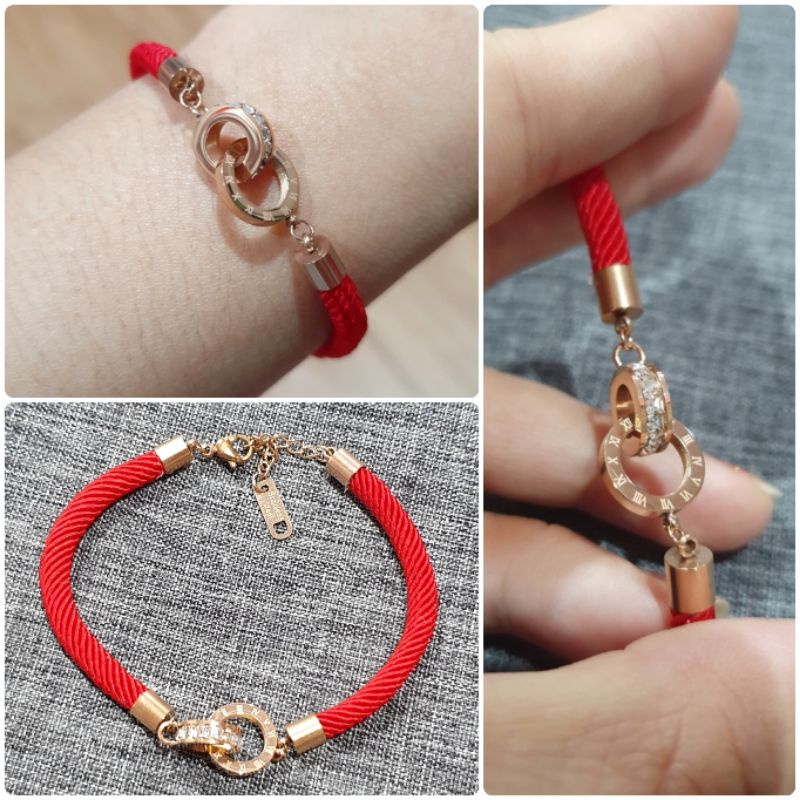 Gelang Titanium Asli Rosegold mix tali merah  Premium Quality anti karat anti alergi Stainless steel ori  S-030