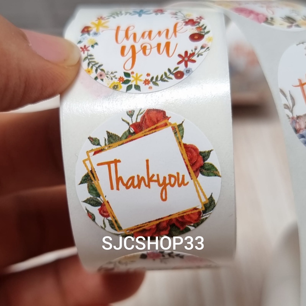 

1 roll isi 500 pcs sticker label thank you flower bingkai set 2,5cm