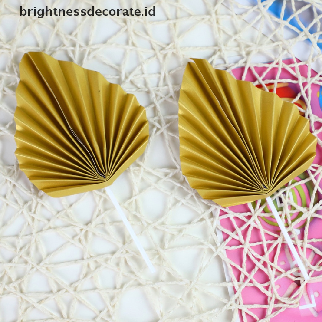 [Birth] 2pcs Paper Fan Cake Topper Gold Palm Leaf Dekorasi Pesta Ulang Tahun Kue Insert [ID]