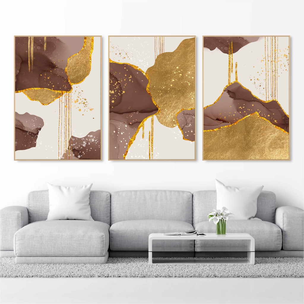 Hiasan Dinding Ruang Tamu Minimalis 80x57cm &40x57cm Canvas INCLUDE FRAME - Wall Decor ABSTRACT GOLD