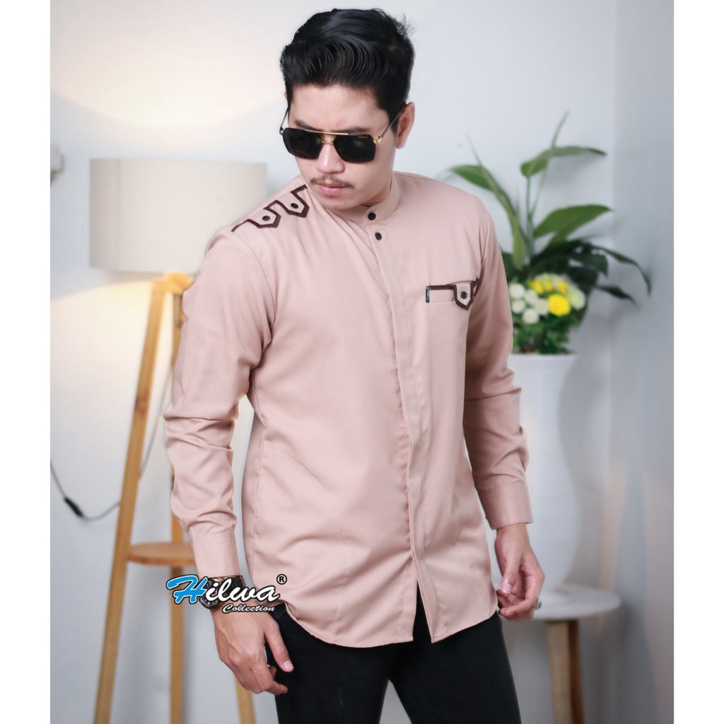 Kemeja Baju Koko Muslim Pria Dewasa Modern Kombinasi Batik Kain Katun Lengan Panjang Terbaru Motif A