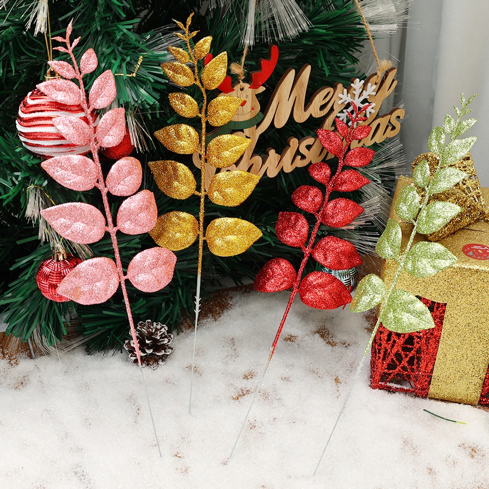 [Harga Grosir]1 Pc Daun Peach Palsu Warna Emas Glitter Untuk Dekorasi Pesta Natal