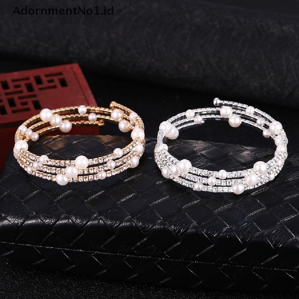 [AdornmentNo1] Baru Perhiasan Pernikahan Lebar 6baris Mutiara Gelang Bangles Untuk Wanita Kristal Perempuan Tangan Gelang Ch Warna Perak Braclet [ID]