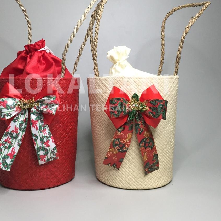 

44F♞ Tas Pandan Tabung Natal / Tas Hampers Natal / Tas Parcel Kue Kering TERBARU