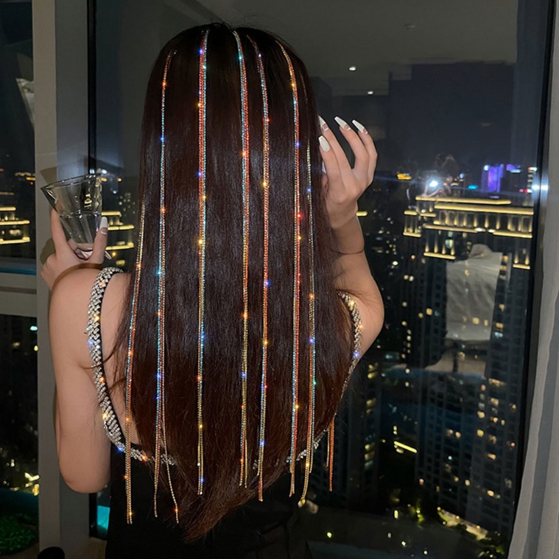 Shiny Colorful Diamond Rantai Jepit Rambut Wanita Fashion Tak Terlihat Panjang Rumbai Berlian Buatan Dikepang Hair Clip Mewah Kristal Kotor Kepang Hiasan Kepala Aksesoris Rambut