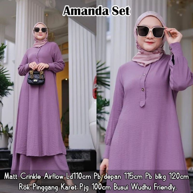 Baju Wanita Long Tunik Setelan Wanita Kekinian Fashion Muslim Amanda Set Rok Panjang One Set Crinkle Setelan Jumbo