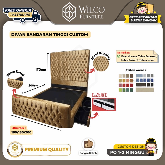Divan Sandaran Tinggi Custom Laci / Divan Sandaran Motif Kancing Emas - Divan aja, 90x200