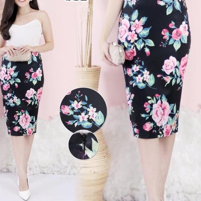 Depan (  ) Flower Midi 509 513 SCUBA Rok Span  Pencil skirt motif Print Import