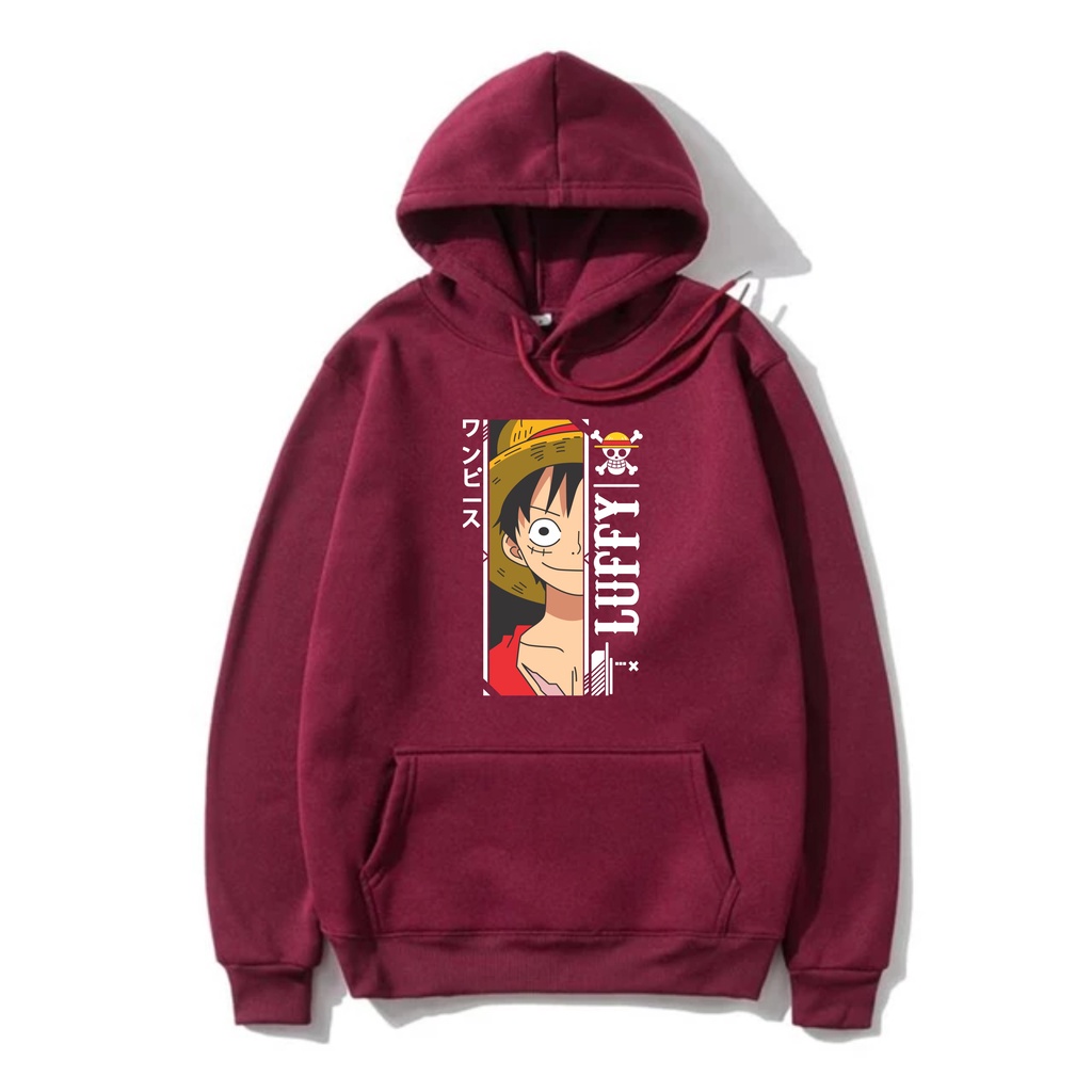 Jumper Hoodie Luffy Anime II  Sweater Hoodie Anime Trendy II Sweter Oblong Topi Size M - XL ( Pria &amp; Wanita / Anak &amp; Dewasa )