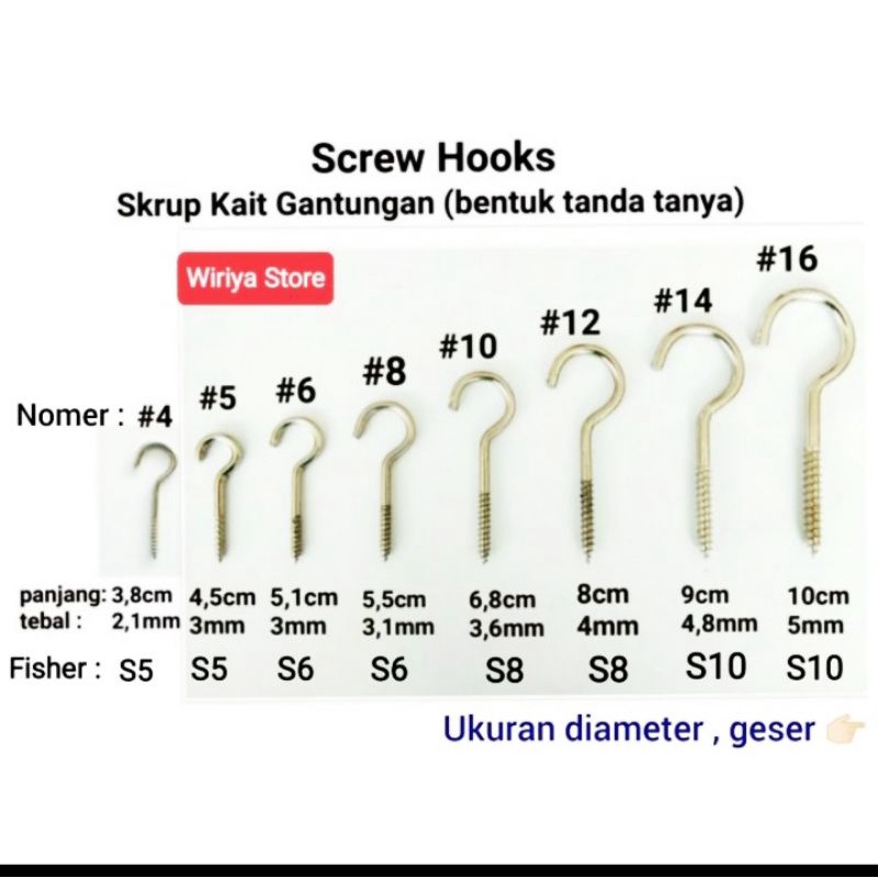 SKRUP HOOK GANTUNGAN BUKA UKURAN # 2,4,6,8,10,12