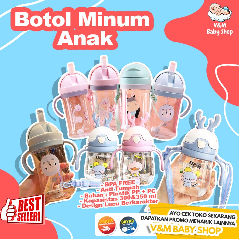 VnM093 | Botol Minum Anak Bayi Dengan Sedotan Dan Tali Karakter / Tempat Minum Anak / Perlengkapan Bayi / Perlengkapan Travelling Anak Bayi