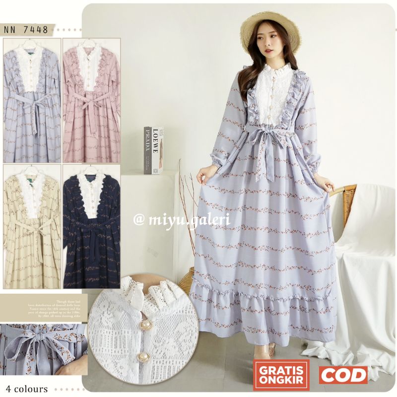 Maira Dress Gamis Wolfis Hanami Import mix Brukat Kancing Mewah Vintage Cottagecore Rempel Ruffle Ga