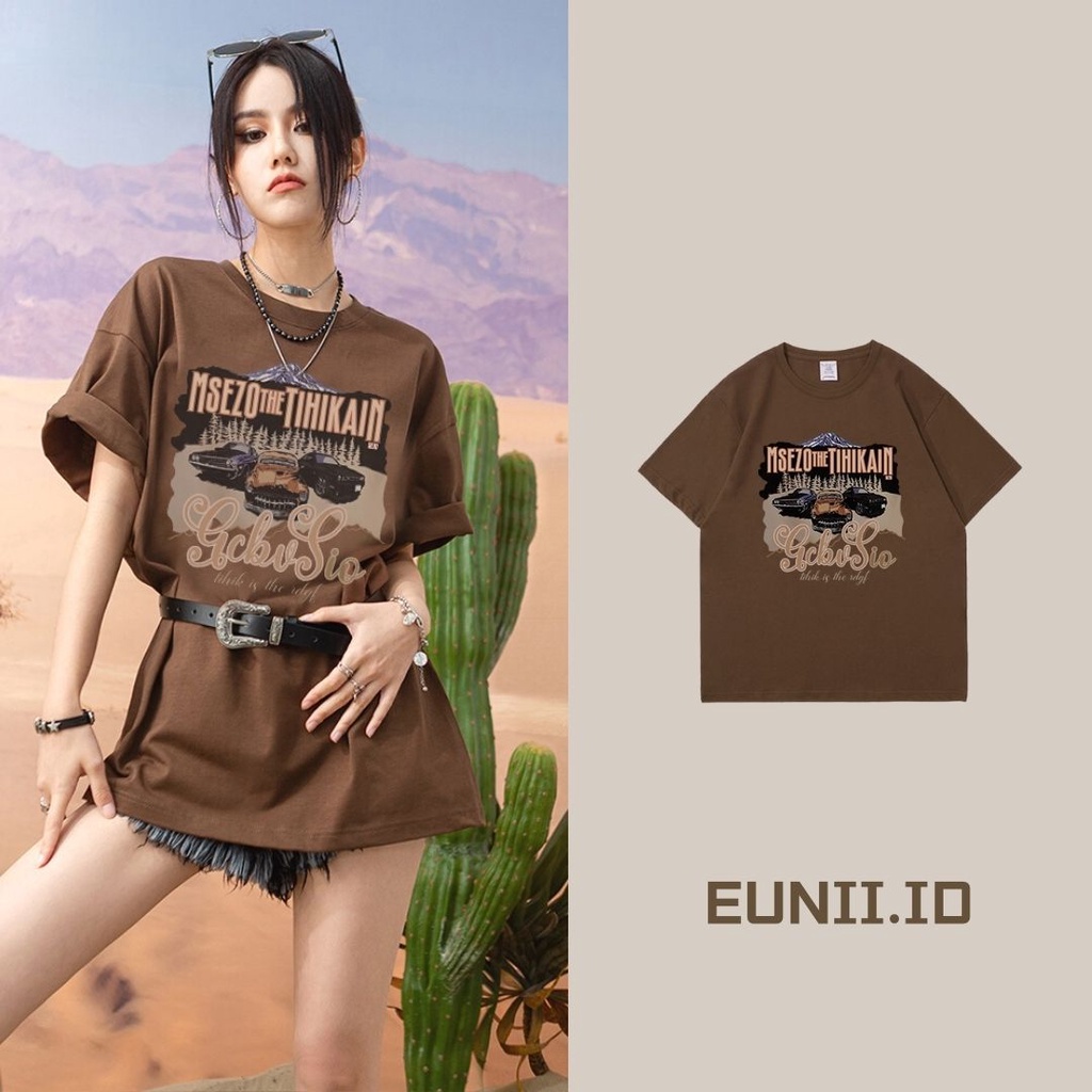 EUNII Brown T-shirt Lengan Pendek Retro Car Printing Korean Style/Kaos Atasan Wanita/Baju Kaus Oversize Wanita/Kaos Wanita