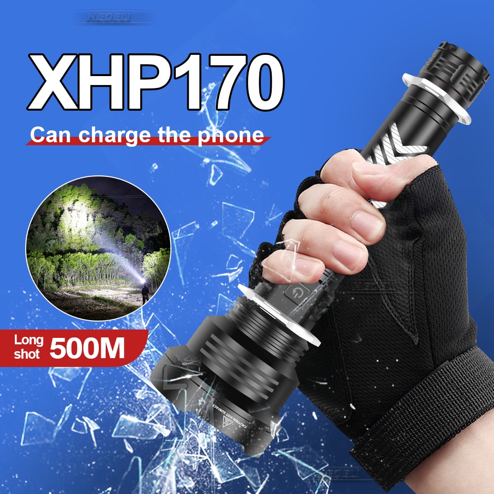 PREORDER High Power Led Flashlights 200000lumens XHP170 5 Modes Torch Rechargeable Led Flashlight Tactical Flash Light Self Defense Light