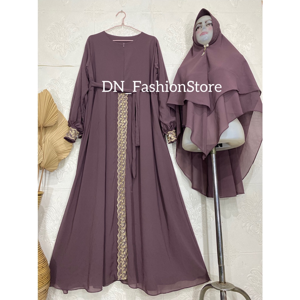 Gamis Syari Ceruty Babydoll Variasi Renda Tengah dan Tangan / Resleting Depan Tangan Kancing mix Rempel