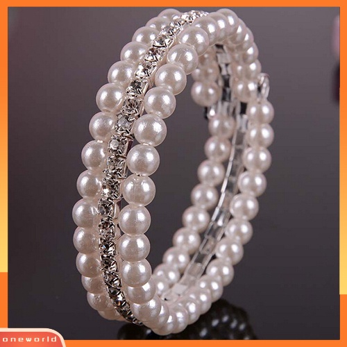 {oneworld} Fashion Wanita Elegan Putih Mutiara Imitasi Berlian Imitasi Peregangan Bangle Gelang