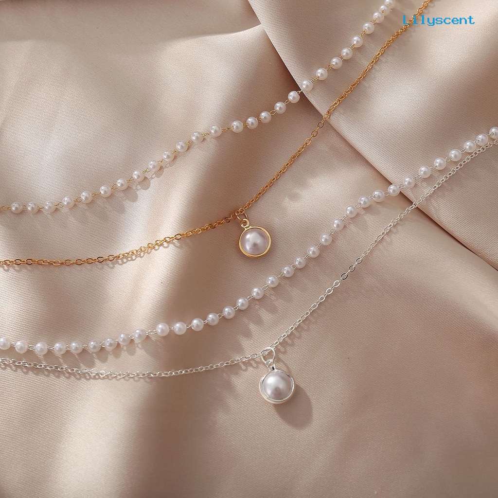 Ls Kalung Mutiara Double-layer Rantai Klavikula Wanita Alloy Simple Untuk Pesta