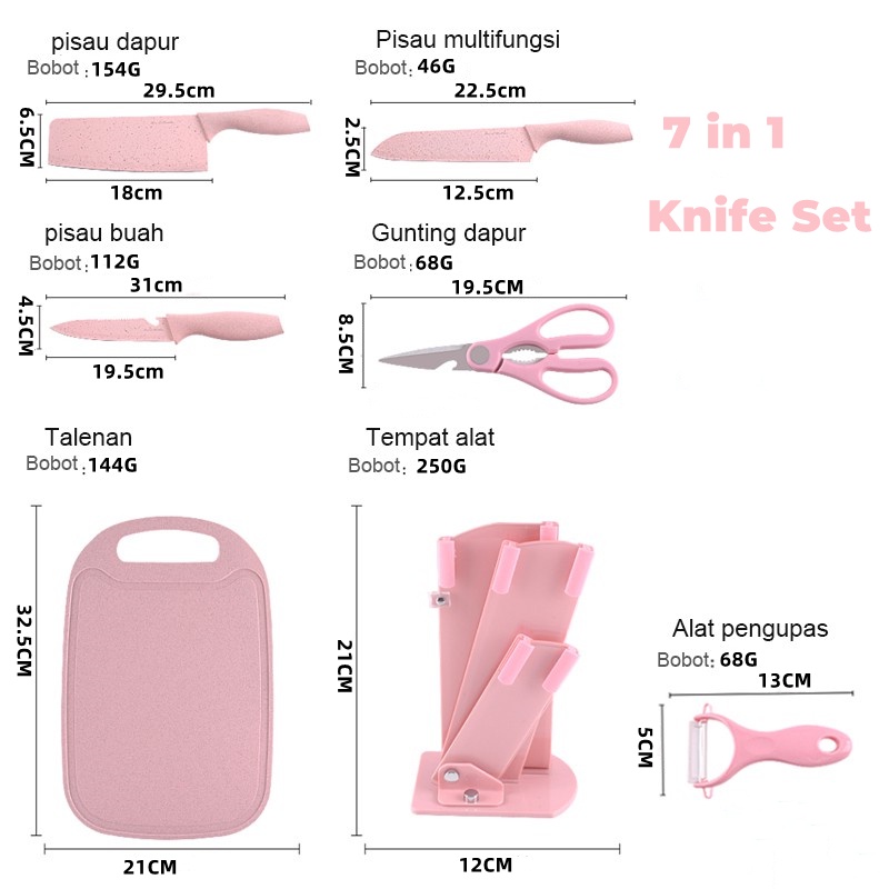 7 in 1 Kitchen Knife Set / Talenan Masak Set with Talenan, Pisau, Pengupas, Dapur Set