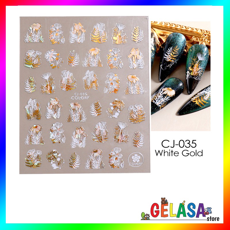 GELASA Stiker Kuku Nail Art Sticker Flower Mix Gold &amp; White Foil Hologram semi3D series CJ