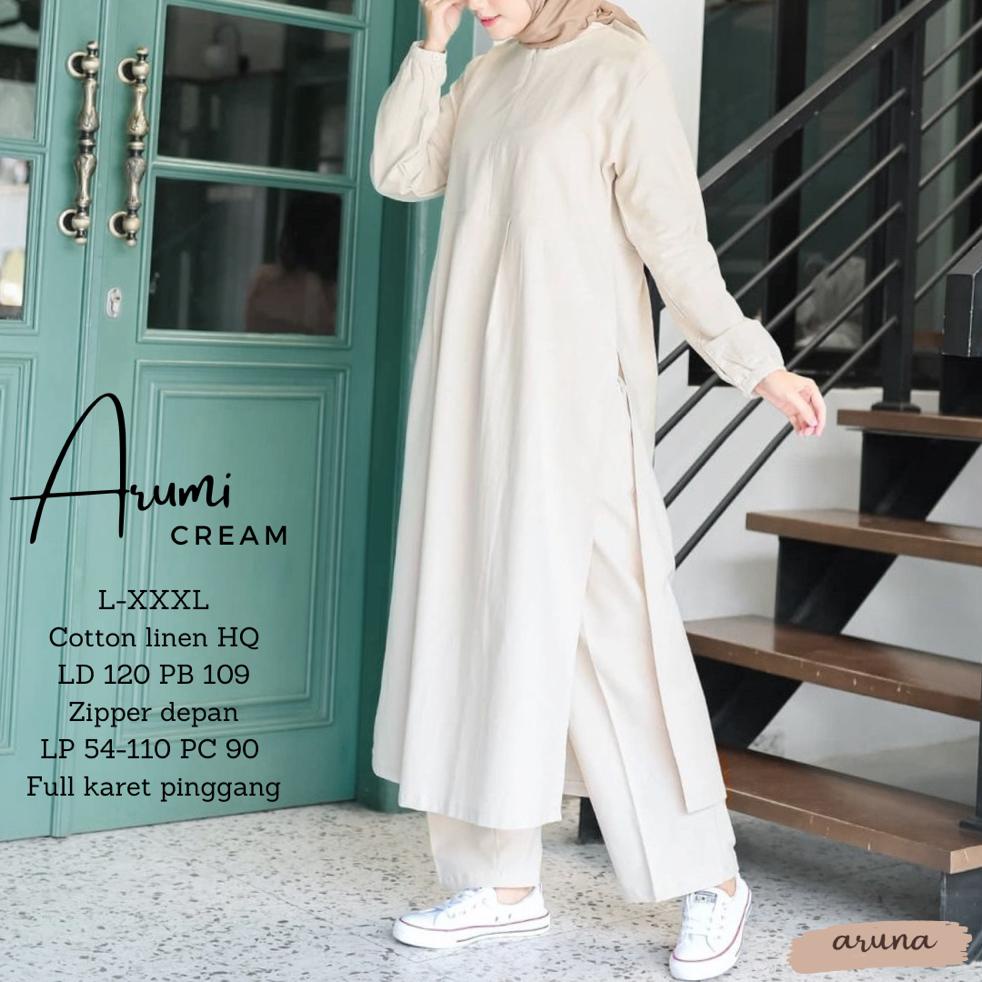 Goodsajifsn - Arumi Oneset Baju Long Tunik Jumbo Setelan Celana Kulot Bahan Linen Rami