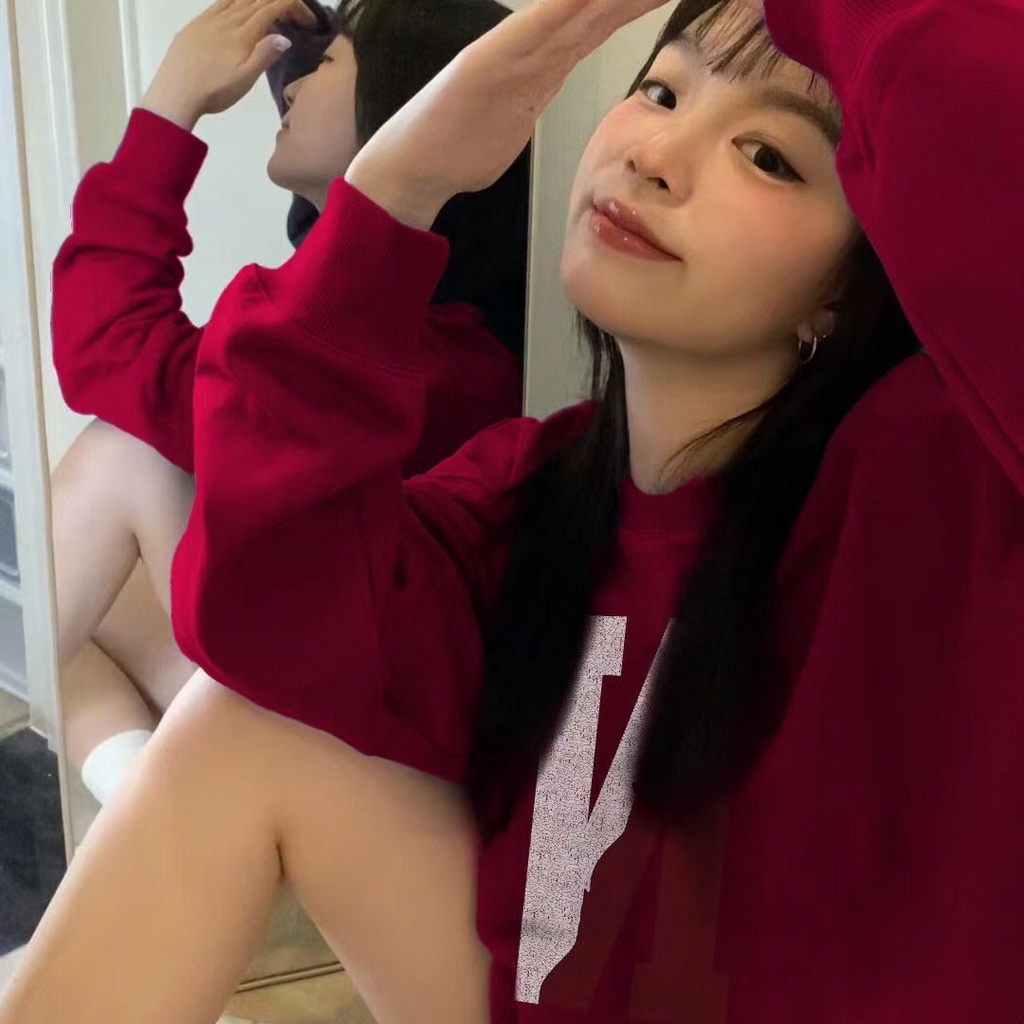 ☬☜✖Baju baru!!![Cotton] Sweater merah musim semi baru 2023 INS super hot pasang atas versi Korea longgar lengan panjang