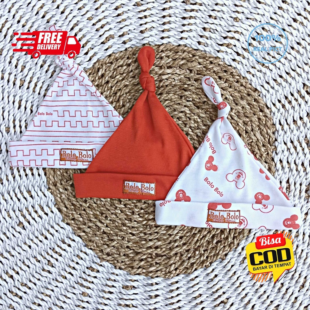 SALE 7.7 Serian Merah Bata - 3 Pcs Topi Kupluk Bayi Baru Lahir Topi Bayi 0 - 3 Bulan BRICK RED SERIES merk SNI Bolo - Bolo