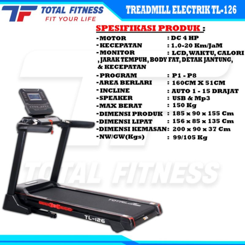 Treadmill Elektrik Big Motor 4Hp TL 126 Total Fitnes Electric