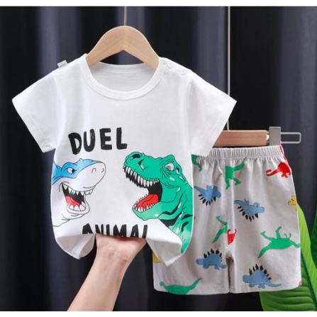 SETELAN BAJU ANAK DINOSAURUS VERSUS IKAN HIU SHARK LENGAN PENDEK KE118