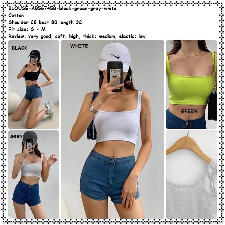 AB567458 Crop Tank Top Wanita Korea Import Grey Hitam Putih Hijau Neon Green Black White