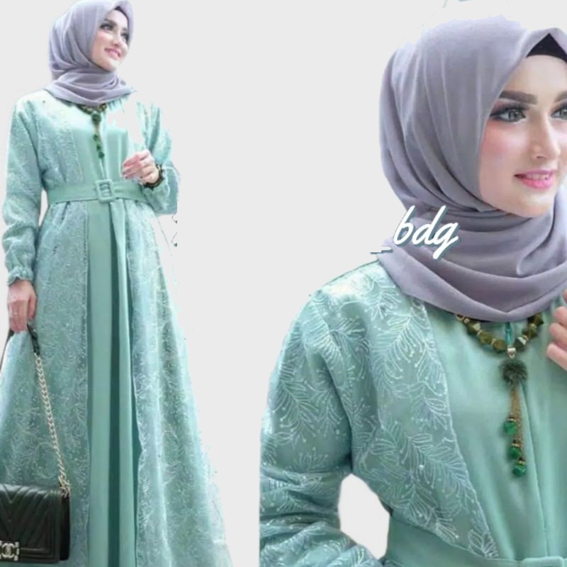 Dress Gamis Brukat Warna Hijau Mint Jumbo Mewah Kekinian LD 110 120 130 140 2XL 3XL 4XL 5L 2023