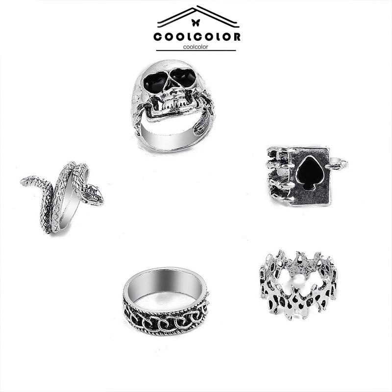 COD❤️9PCS/Set Cincin Desain Tengkorak Ular Kupu-kupu Cinta Hati Perak Cincin Titanium Gaya Retro Vintage Punk Hip Hop Untuk Unisex Ready Stock- cl