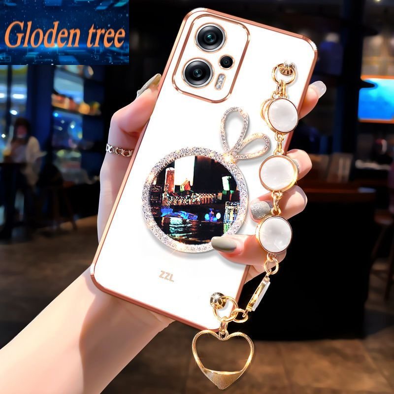 Casing Ponsel Pohon Gloden Untuk Redmi 10X 4G 10C 10Prime Plus Note11 11Pro 11S 11EPro 11E 11TPro 11R Shell Rabbit Vanity Mirror Dengan Gelang Permata