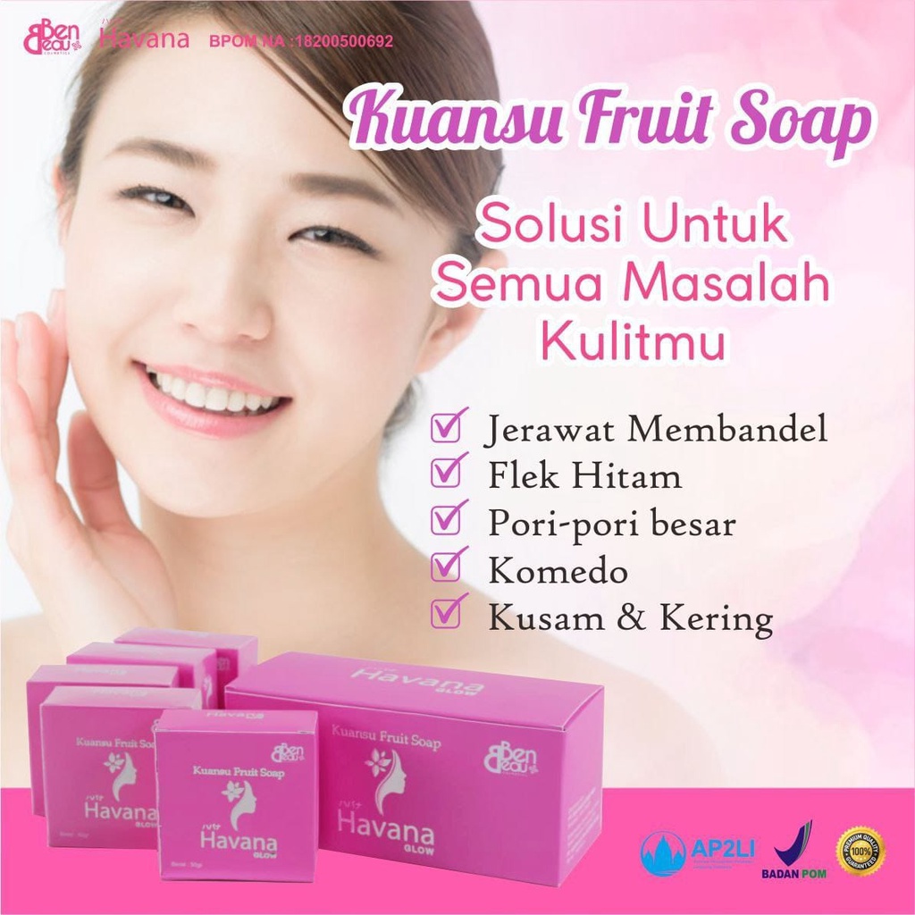 Sabun Whitening Pemutih Penghilang Jerawat Flek Noda Hitam Keriput  - Pencerah Pelembab  Kulit Wajah Muka Kolagen Niacinamide Buah Kuansu Havana Glow Kuansu Fruit Soap BPOM