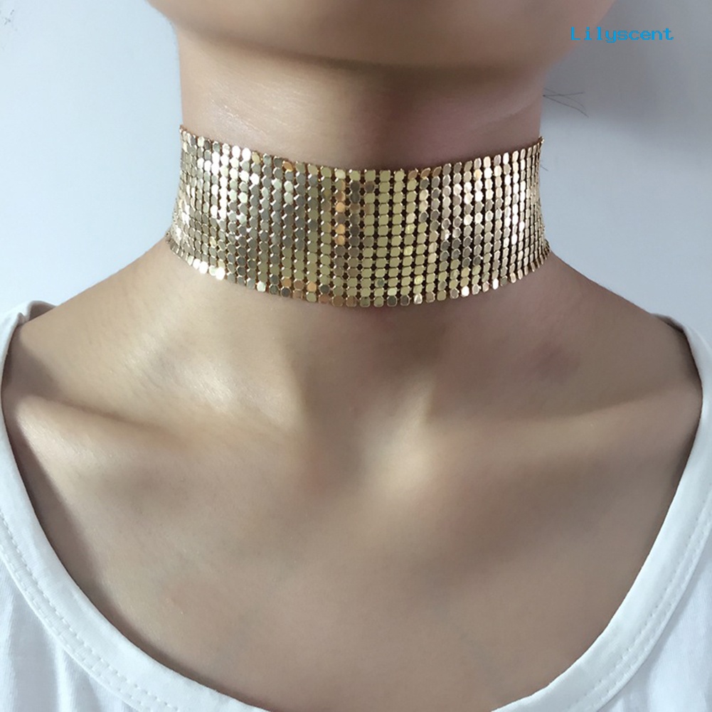 Ls Fashion Wanita Gaya Punk Payet Jala Lebar Choker Kalung Pernyataan Perhiasan