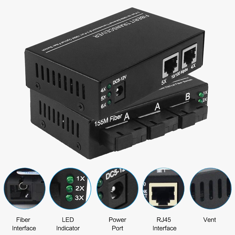 10/100Mbps Fiber Optic 3F2E Media Converter Single Mode 2 Rj45 Dan 3 Sc Port  Asli Import 5V/2A