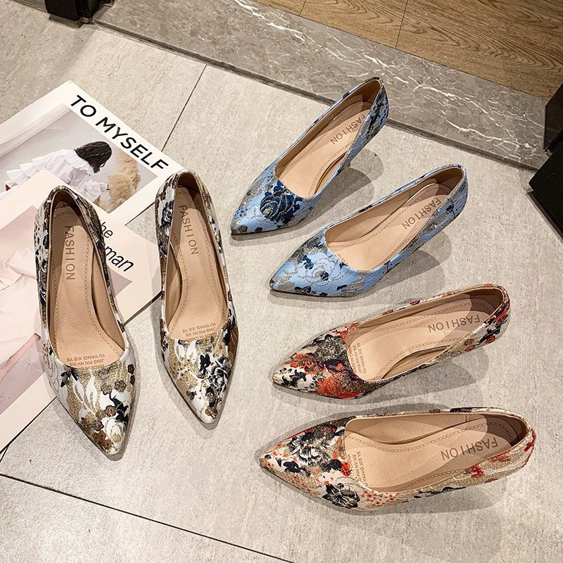 RYS - Retro Flowers Sepatu Slip-On Hak Heels Tinggi Wanita Fashion Pesta - Ori Import