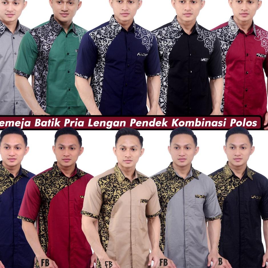 ✓ Kemeja Batik Pria Kombinasi Polos - Baju Batik Pria Kombinasi Polos Lengan Pendek