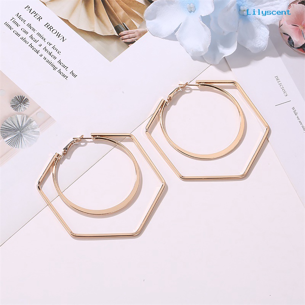 [LS] 1pasang Unik Wanita Berlebihan Geometri Putaran Besar Hexagon Drop Earring Perhiasan Aksesori Untuk Belanja