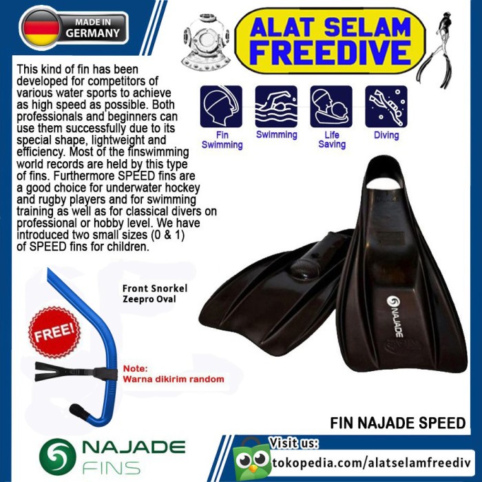 Fin Najade Fins Swimming Speed Fin Competition Kaki Katak - Snorkel Depan