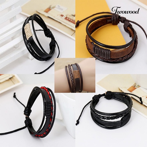 Twowood Unisex Vintage Retro Multilayer Braided Faux Leather Wristband Gelang Bangle