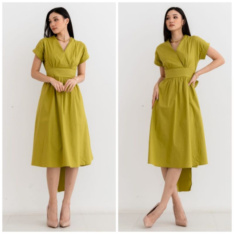 ❣️ SPECIAL PRICE ♡ PREMIUM ♡ ORIGINAL ! NOELLA VINTAGE PLAIN V-NECK KIMONO OBI TIED MIDI FLARE DRESS