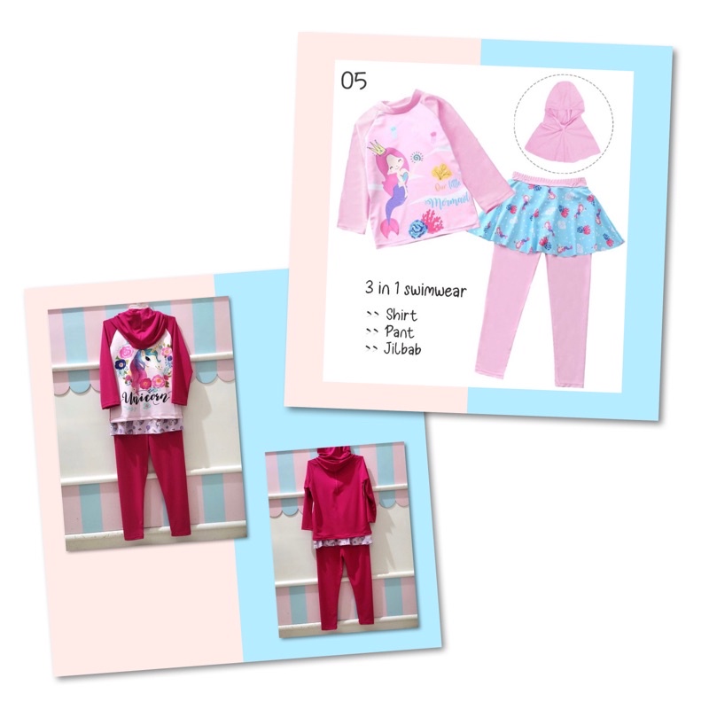 BAJU RENANG PANJANG ANAK MUSLIM MERMAID UNICORN PINK DENGAN KERUDUNG