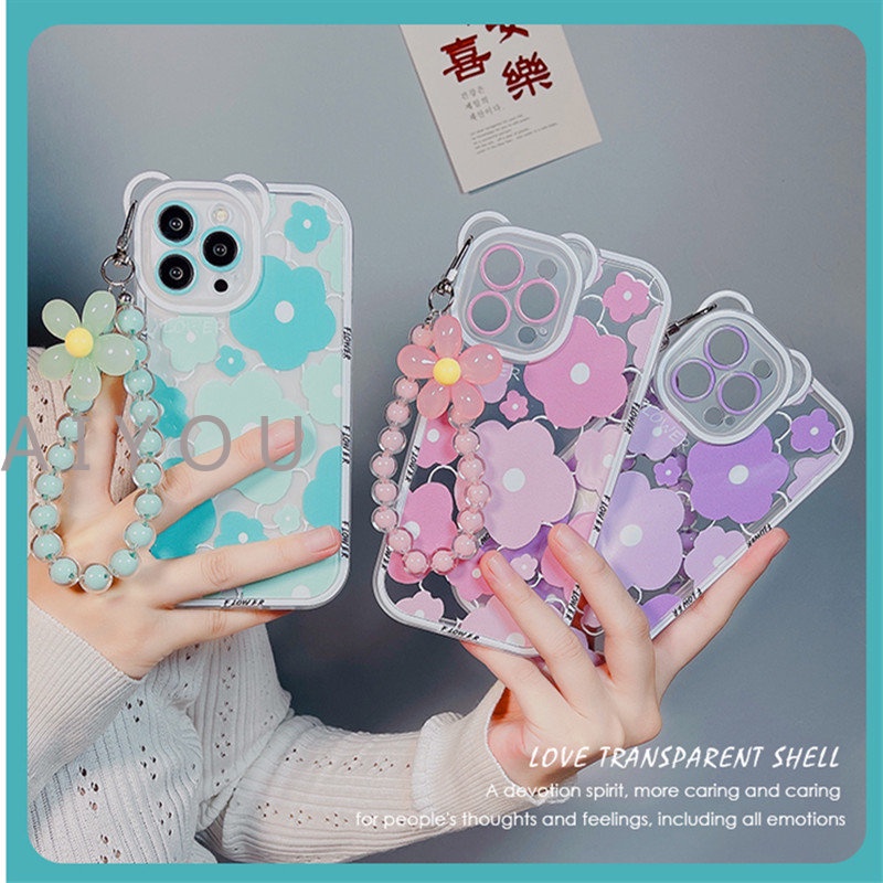 Lucu 3D Telinga Beruang Bunga Gantung Telepon Rantai Bening Soft Case Untuk iphone 14 Pro Max13 12 11 XR XS X7 8 plus SE MiNi Mewah Cover