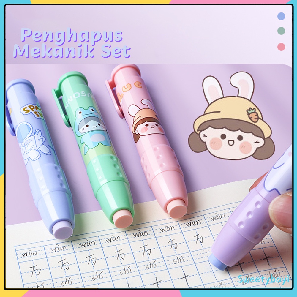 Sweetybayi Penghapus mekanik anak set Sliding eraser kartun Mechanic eraser dengan 2pc refill