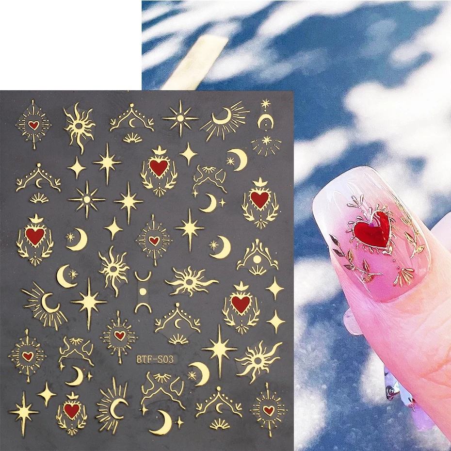 3d Jantung Stiker Untuk Kuku Hari Kasih Sayang Dekorasi Emas Bronzing Bintang Bulan Kuku Slider Kupu-Kupu Manicure Decals