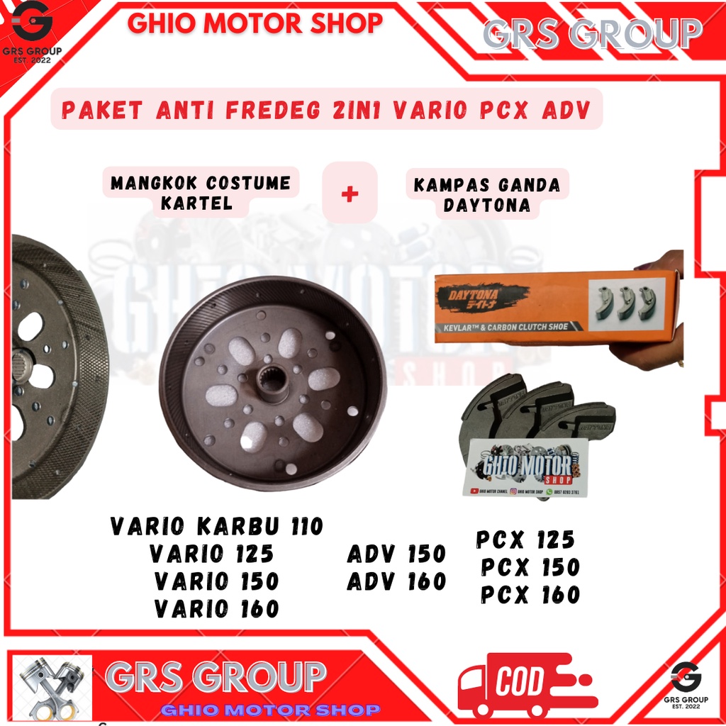 Paket Anti gredeg 2IN1Vario PCX ADV 110 125 150 160 Paket Anti gredeg Vario karbu 110 Vario 125 Vario 150 Vario 160 Pcx 125 Pcx 150 Pcx 160 adv 150 Adv 160 Mangkok kartel costmum Vario pcx adv Kampas ganda Daytona vario pcx adv By ghio motor