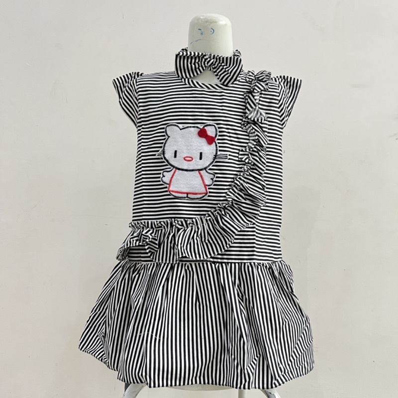 Dress anak 1 2 tahun gaun anak cewek perempuan motif strip salur biru hijau kuning rempel  gubet( dress gubet )